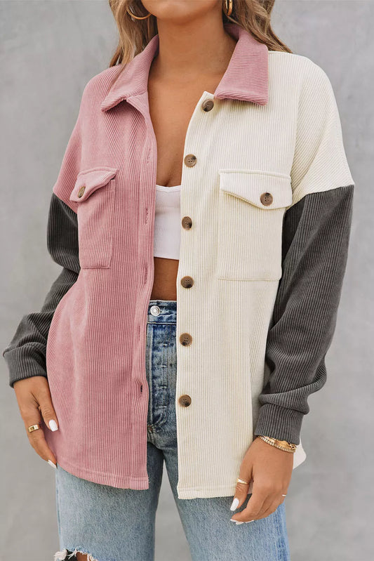 Multicolor Colorblock Ribbed Button Front Jacket