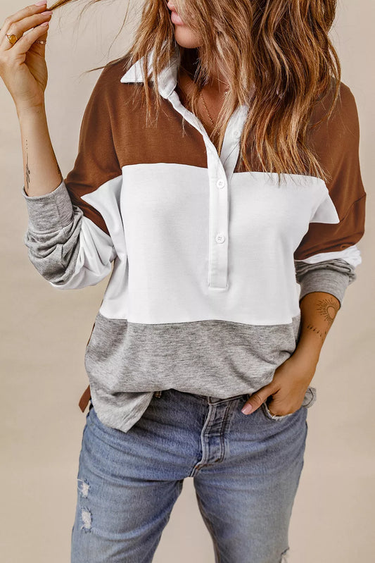 Brown Turn-down Collar Colorblock Pullover Sweatshirt