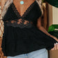 Black Spaghetti Strap Knotted Frill Crochet Lace Cami Top