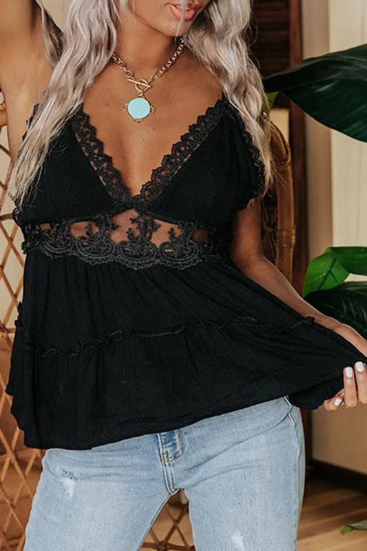 Black Spaghetti Strap Knotted Frill Crochet Lace Cami Top