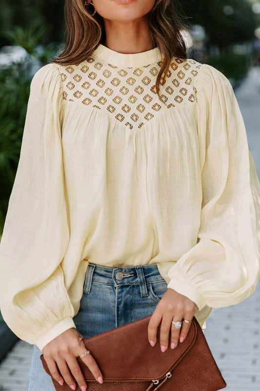 Crochet Lace Textured Balloon Sleeve Blouse