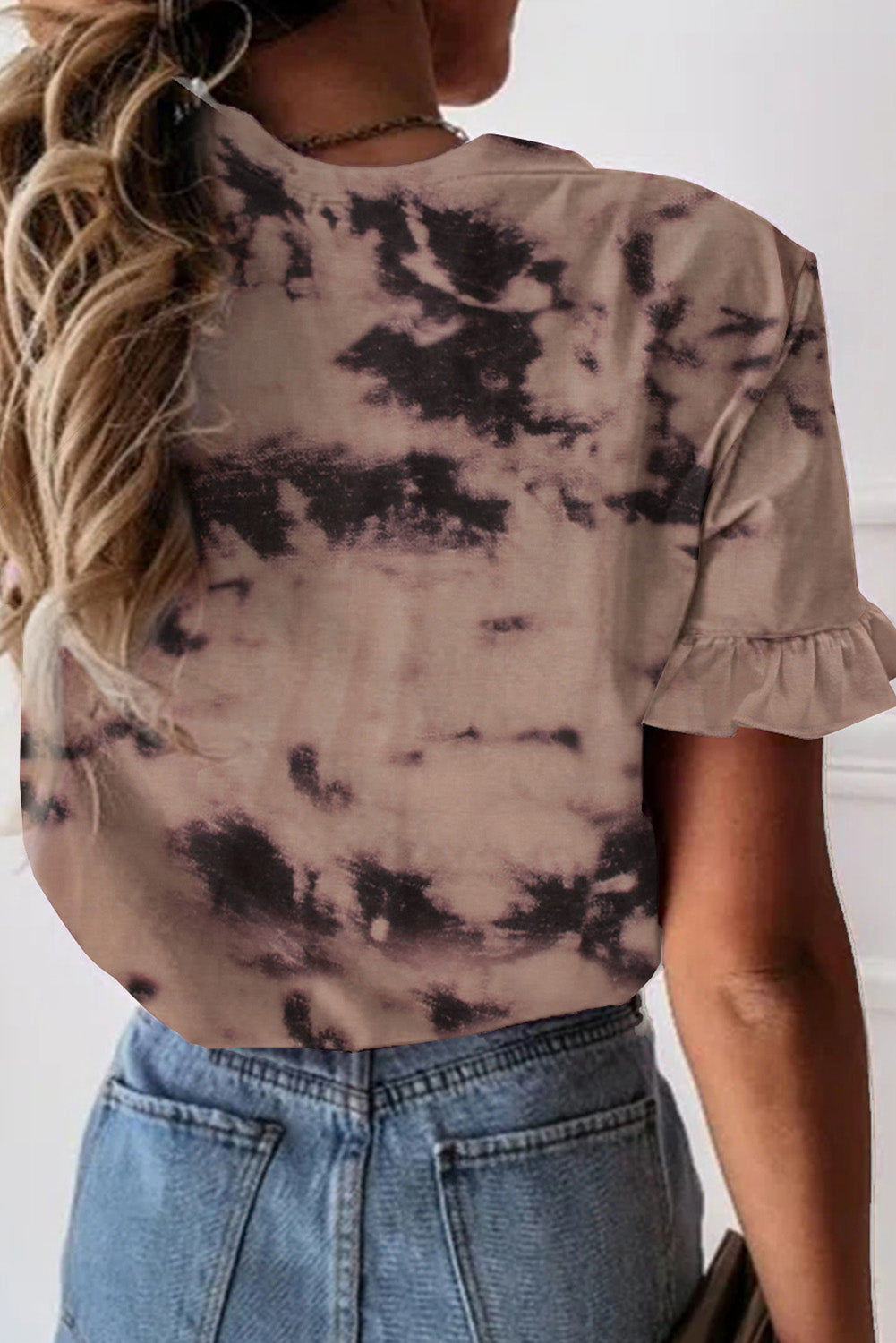 Brown Vintage Tie Dye Ruffle Short Sleeve T Shirt