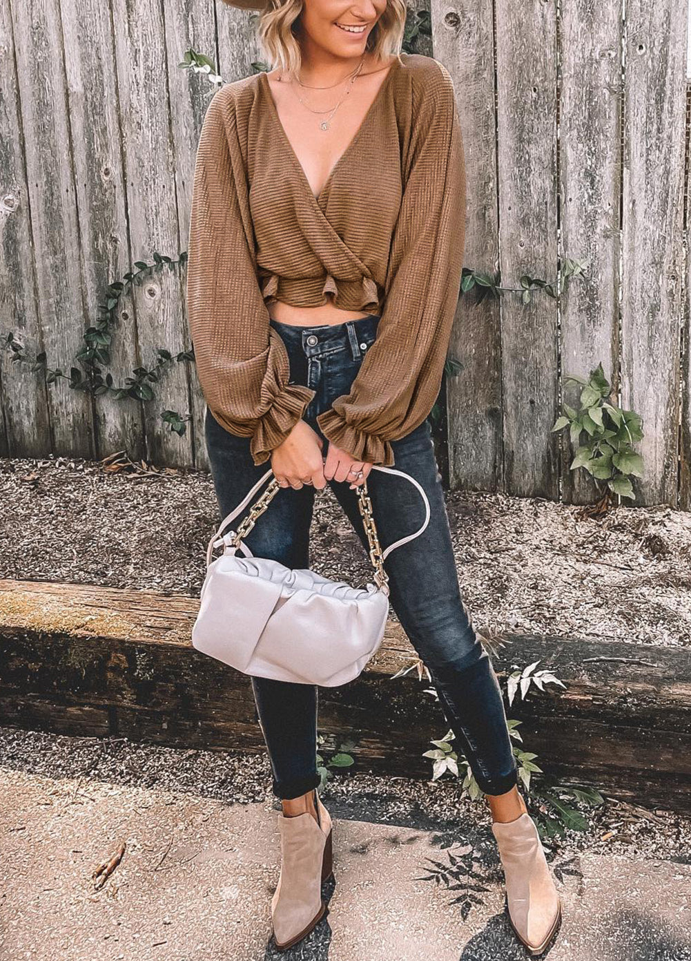 Khaki Waffle Knit Ruffled Cropped Wrap V Neck Blouse