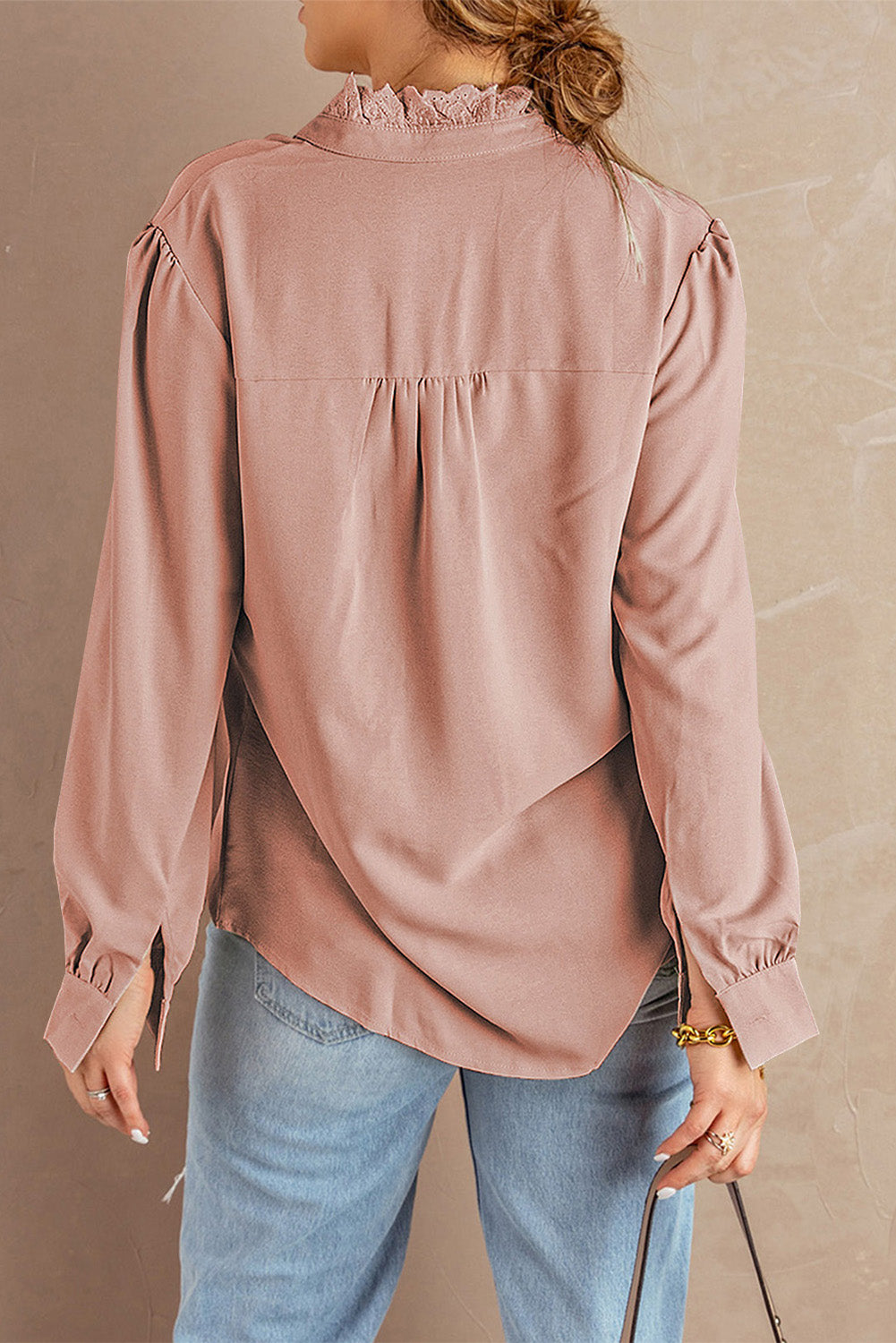 Solid Color Lace Frilled Trims Long Sleeve Shirt