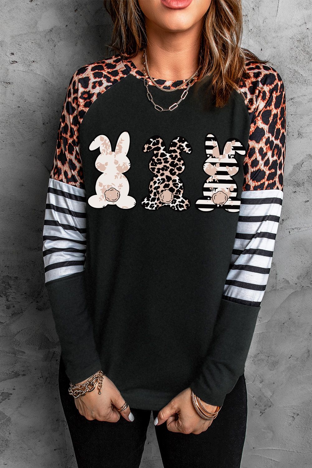 Easter Bunny Leopard Striped Long Sleeve Top