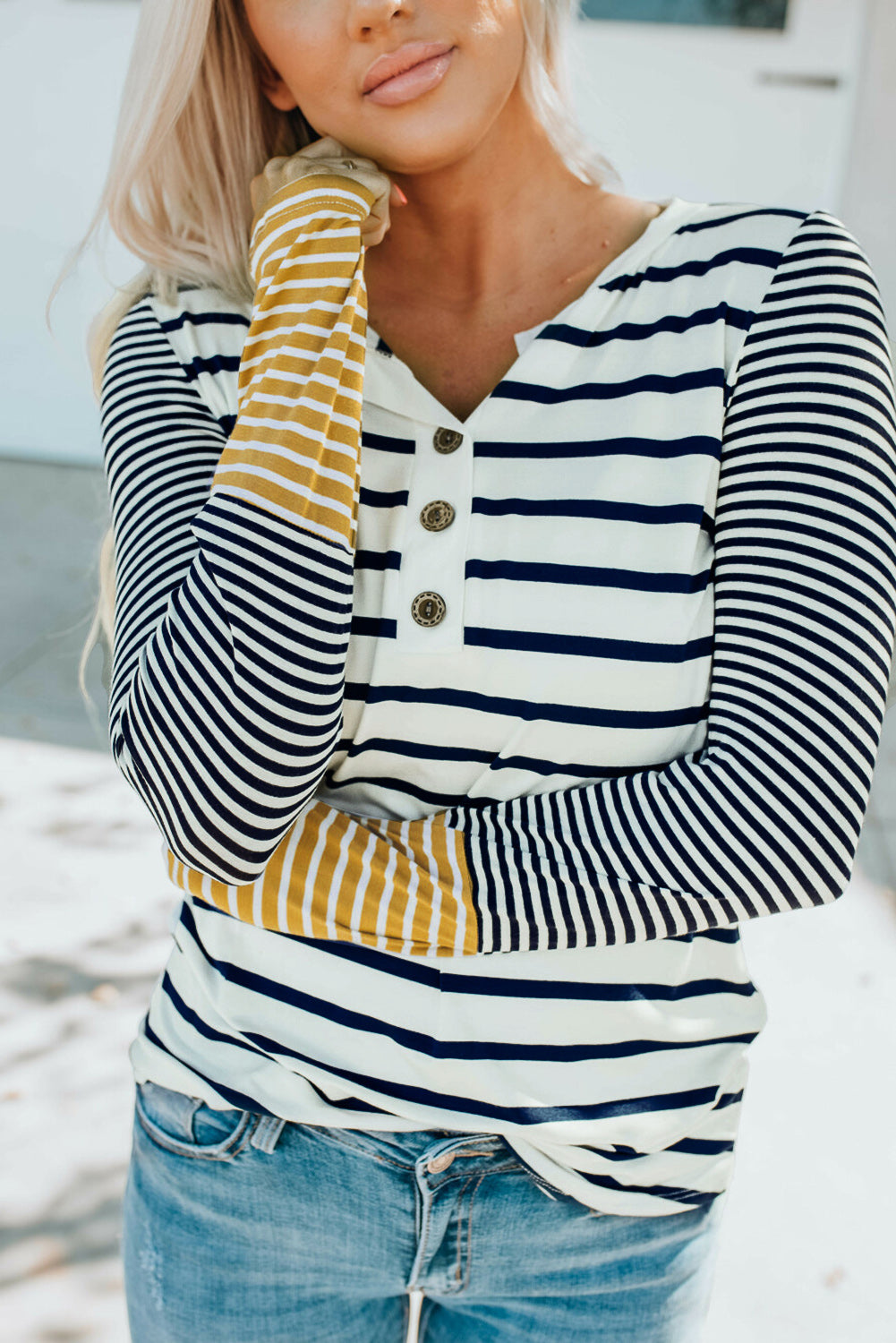 Sleeve Stripe Button Henley Top