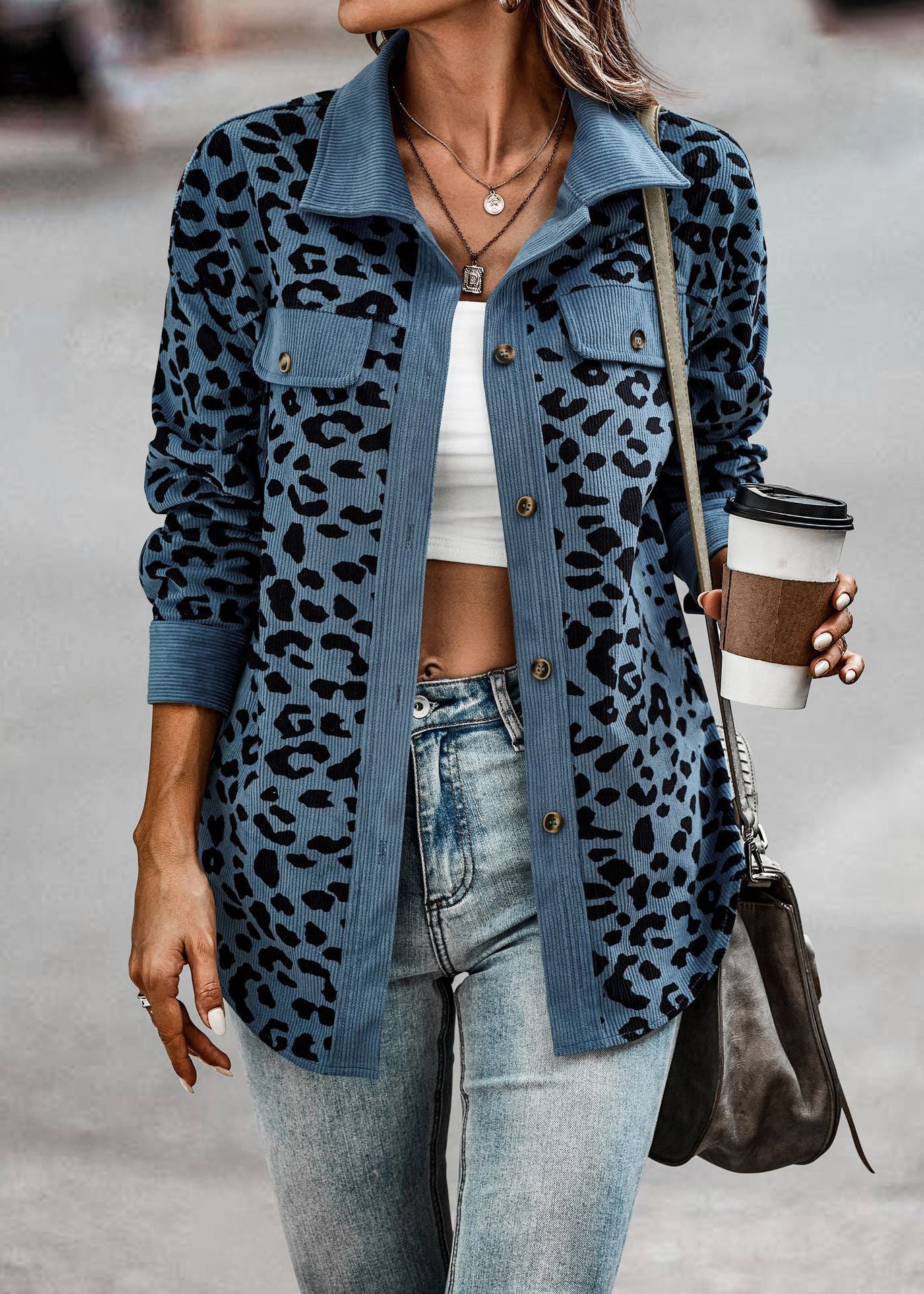 Leopard printed button long sleeve jacket coat