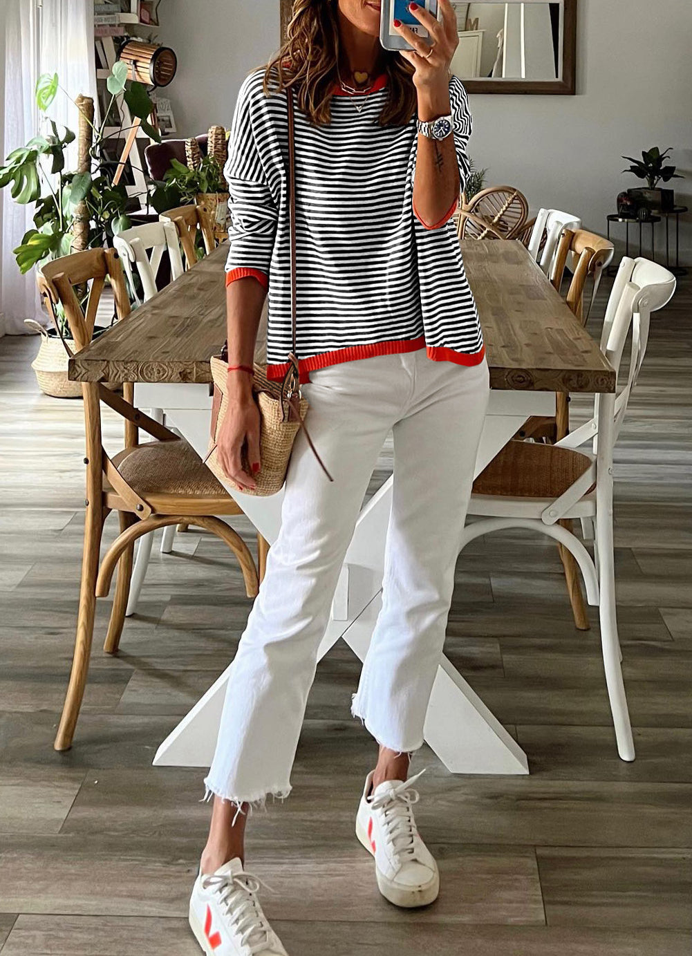 Contrast Trimmed Striped Drop Shoulder Sweater