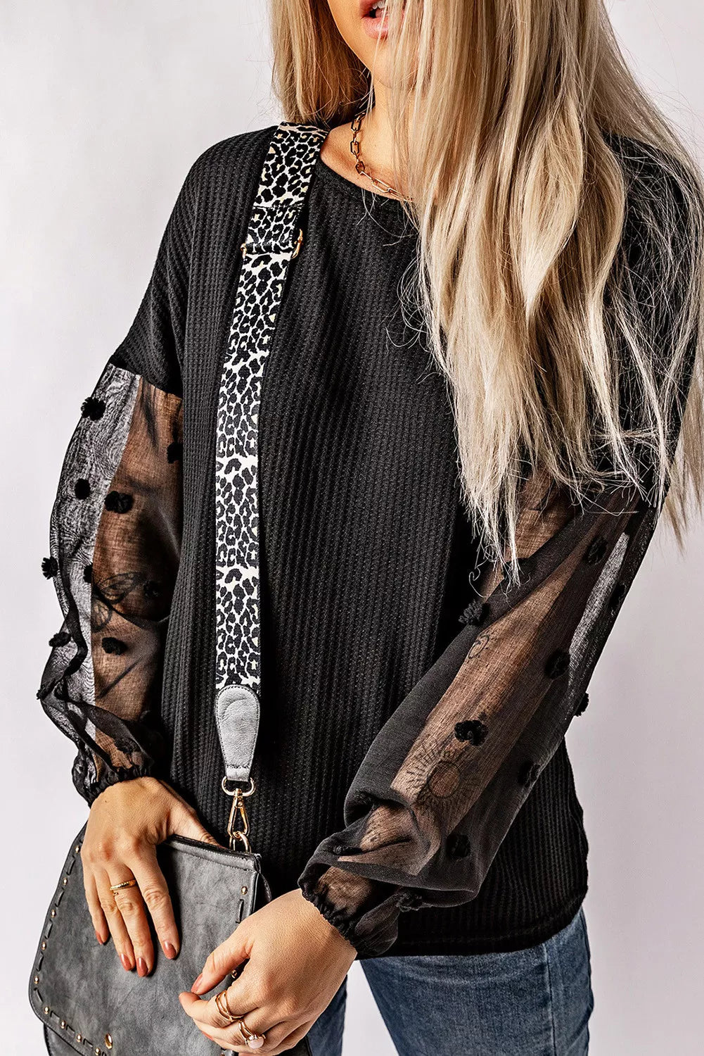 Polka Dot Mesh Sleeve Waffle Knit Top