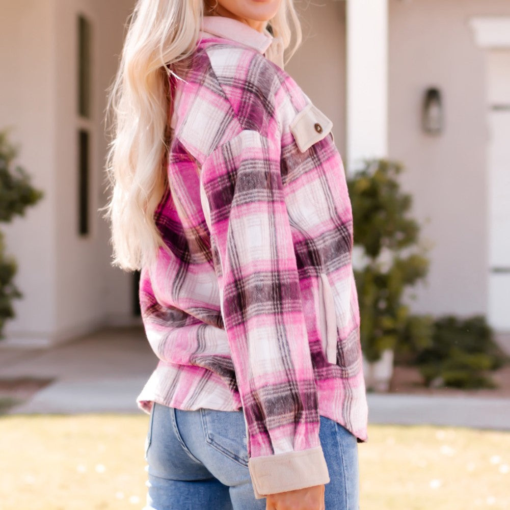 Contrast Trim Plaid Shacket