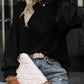 Black Frilled Smocked Neck Textured Bishop Sleeve Blouse