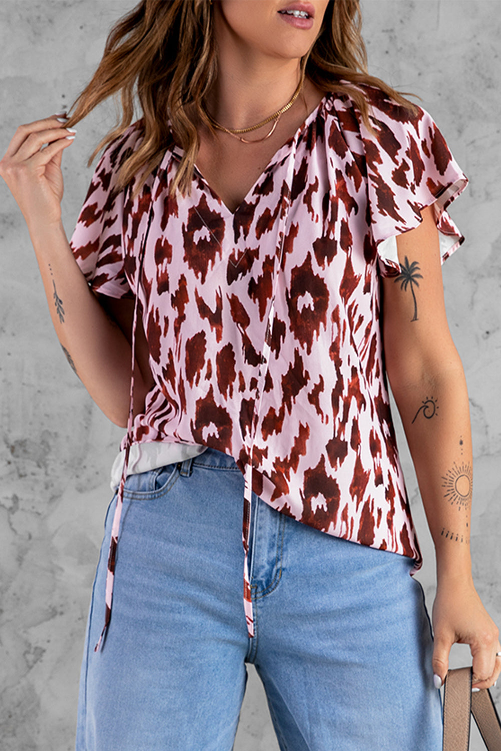 Leopard Print Flounce Drawstring Short Sleeve T-shirt