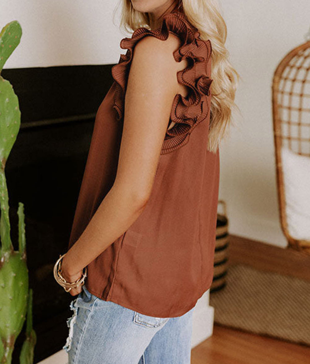 Brown Ruffles Armhole Tank Top