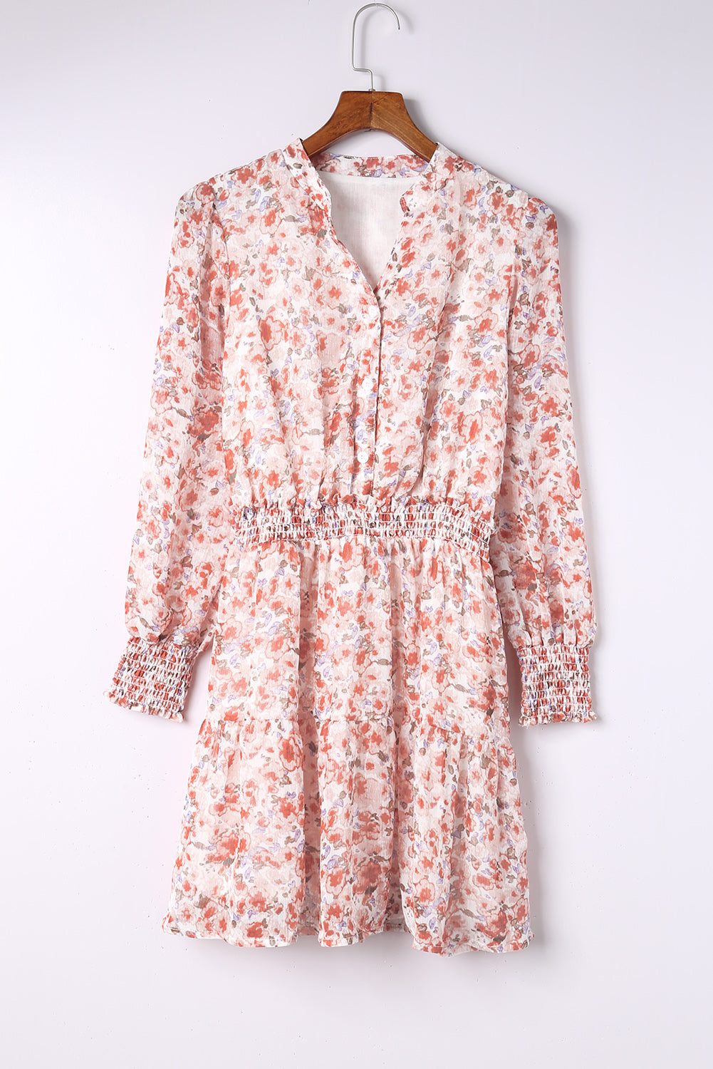 Red Shirred High Waist Floral Mini Dress