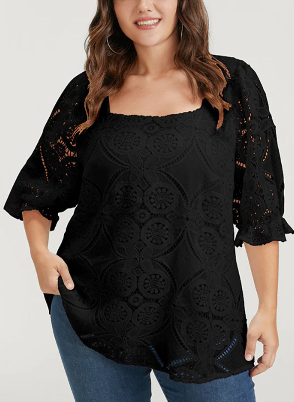 Black Plus Size Lace Crochet Square Neck Blouse