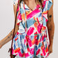 Multicolor Abstract Print V Neck Ruffled Tank