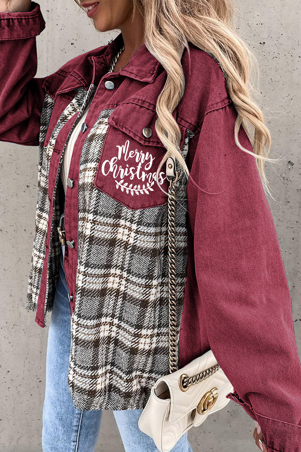 Plaid Patchwork Christmas Graphic Print Denim Jacket