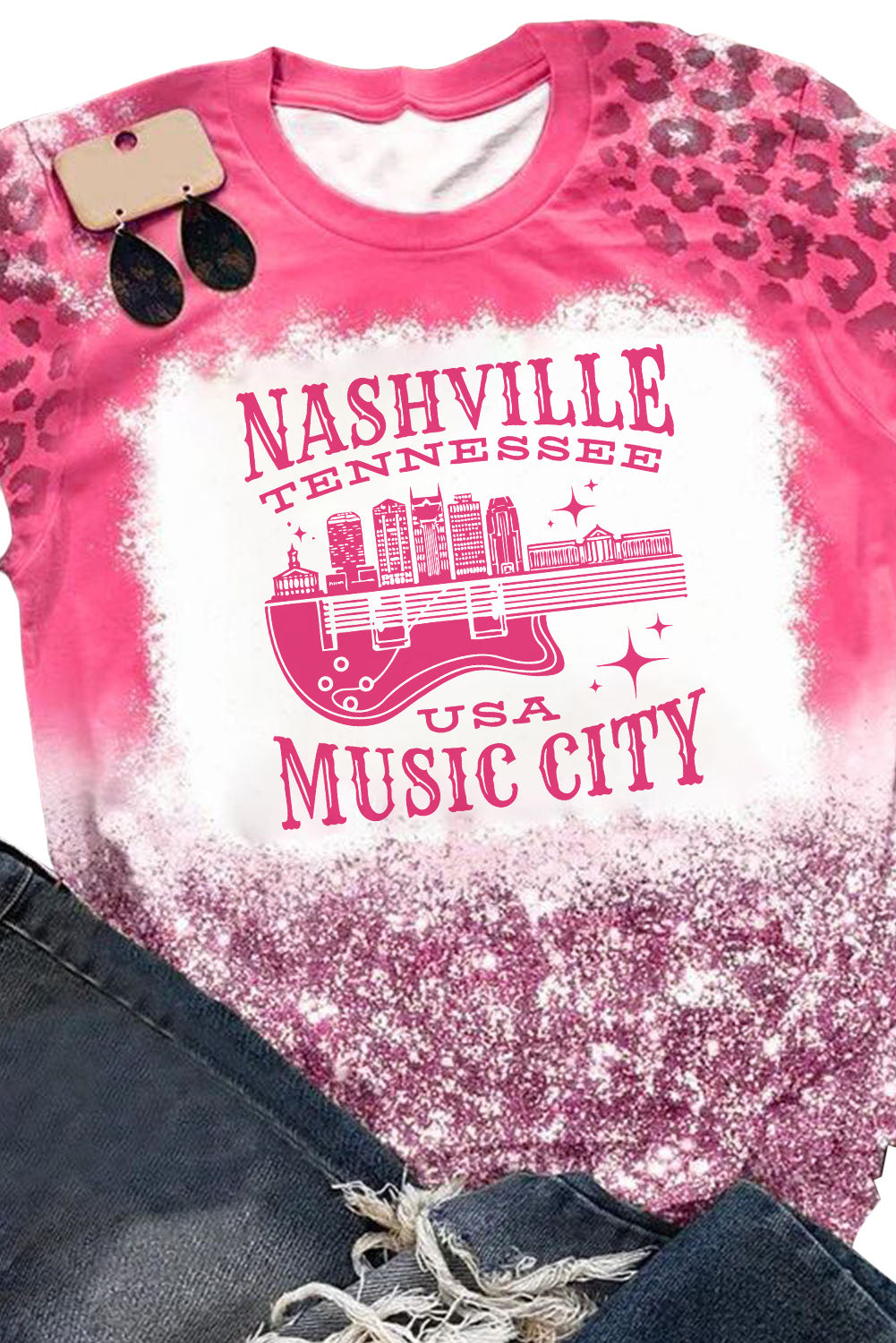 Pink MUSIC CITY Nashville Leopard Bleach Graphic Tee