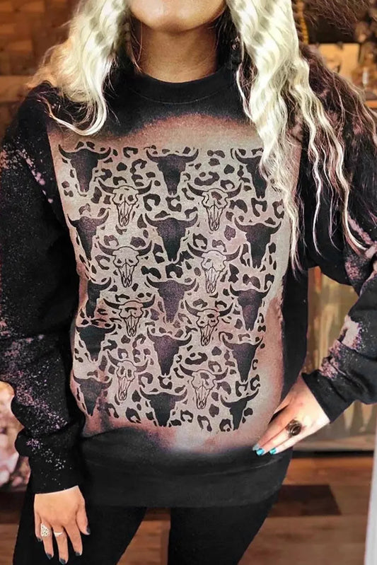 Bull Skull Leopard Bleached Pullover Sweatshirt