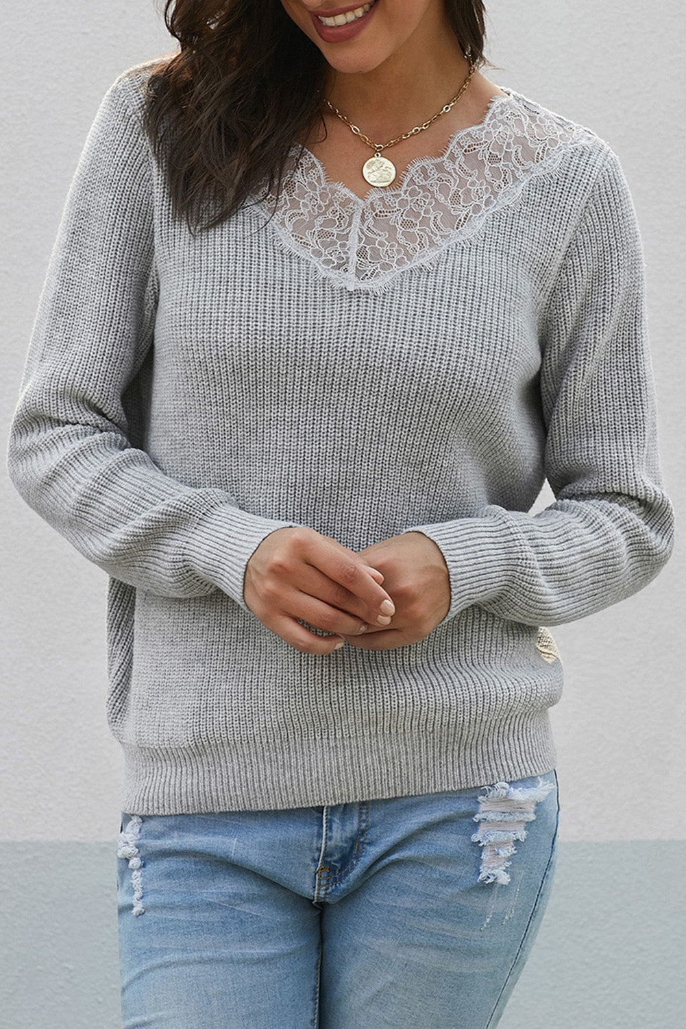 Lace Collar V Neck Ribbed Sweater