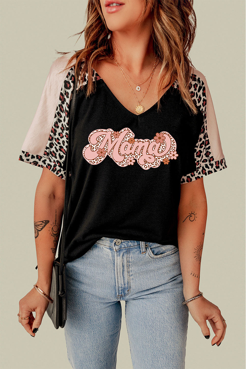 Mama Floral Leopard Patchwork Half Sleeve T Shirt