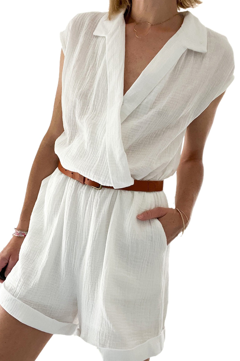 White Collared Wrap V Neck Lightweight Textured Romper