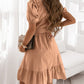 Brown V-Neck Ruffle Buttoned Midi Dress
