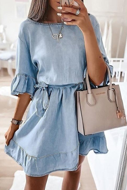 Sky Blue Ruffle Trim Half Sleeve Belted Denim Dress