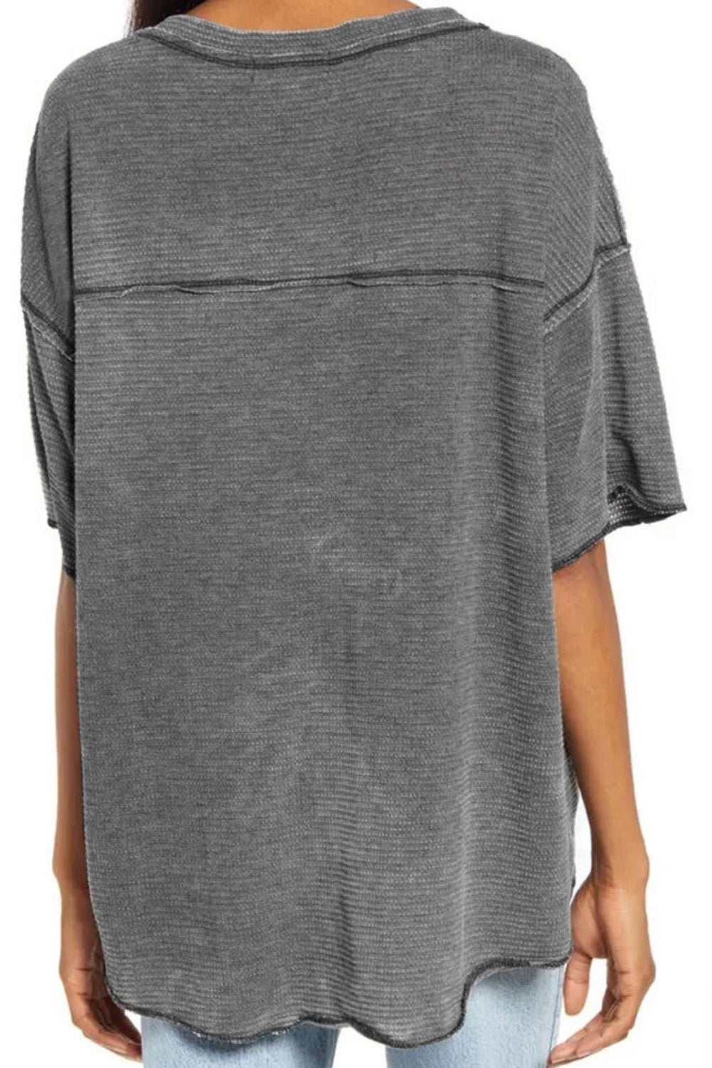 Gray Waffle Knit Seamed Half Sleeve V Neck Top