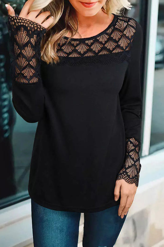 Lace Crochet Splicing O-neck Long Sleeve Top