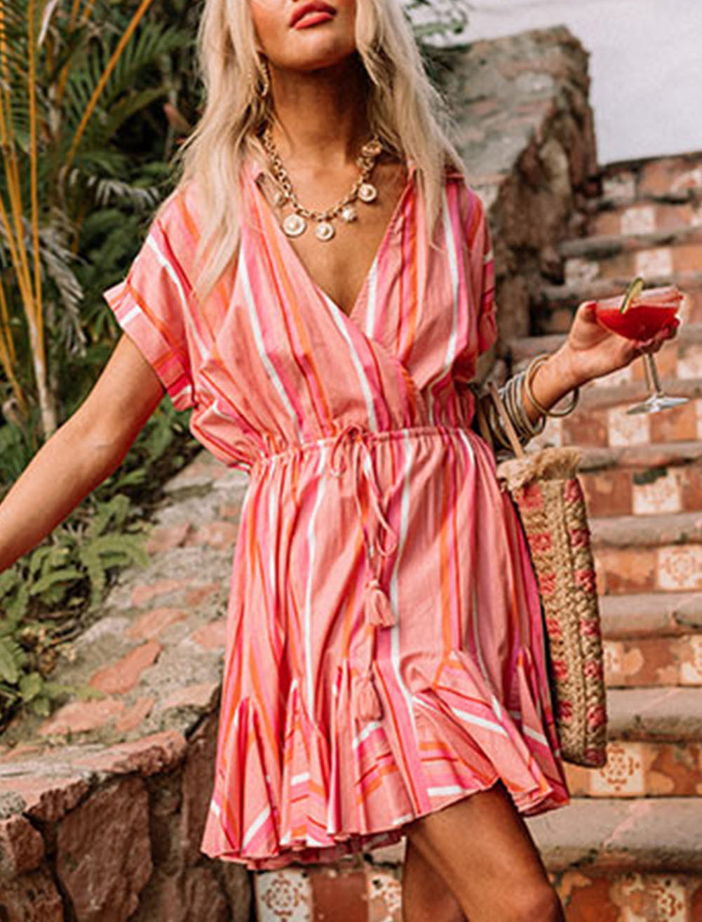 Red Stripe Print Rolled Short Sleeve V Neck Mini Dress