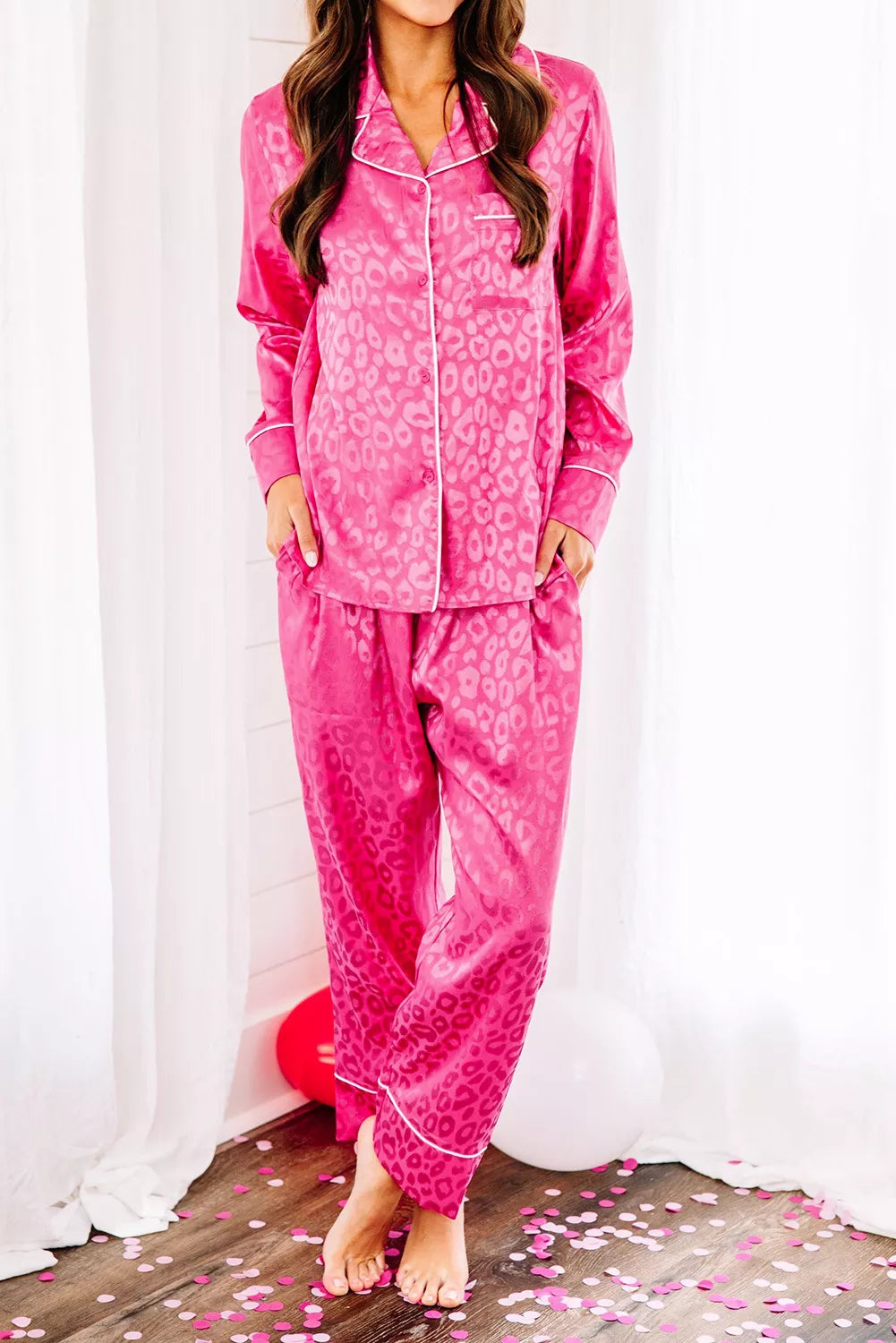 Rose 2pcs Leopard Satin Long Sleeve Pajamas Set