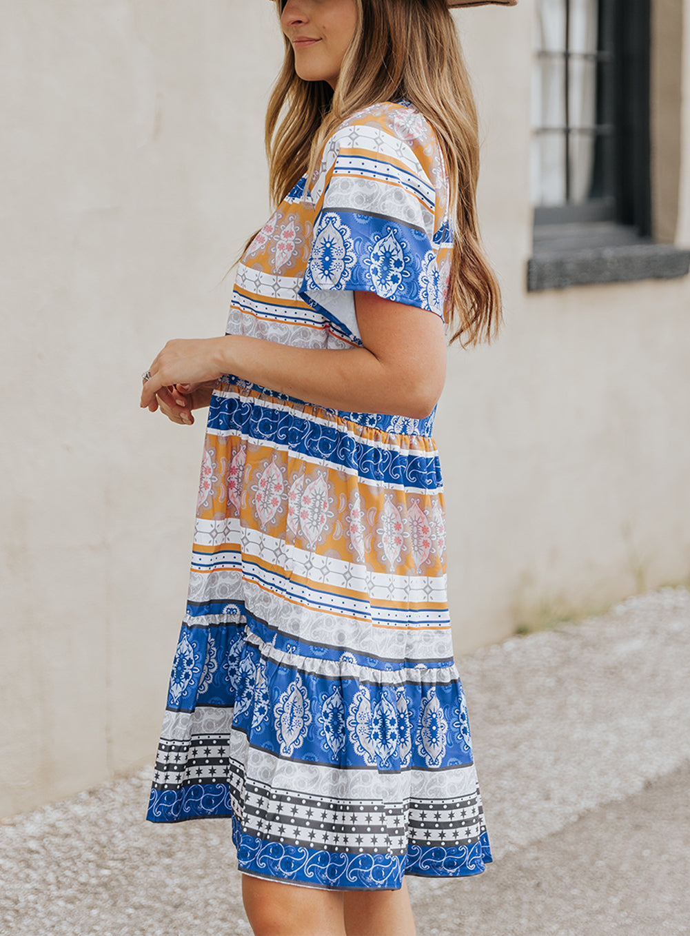 Accent Color Block Bohemian Print Short Sleeve Mini Dress
