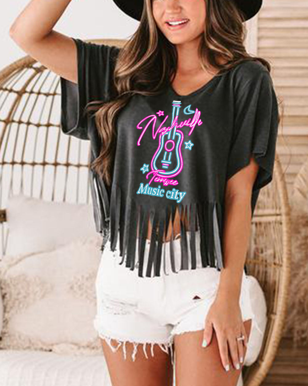 Nashville Guitar Slogan Print Fringed V Neck Graphic Tee