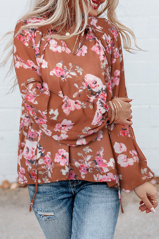 Split V Neck Bubble Sleeves Floral Shift Top