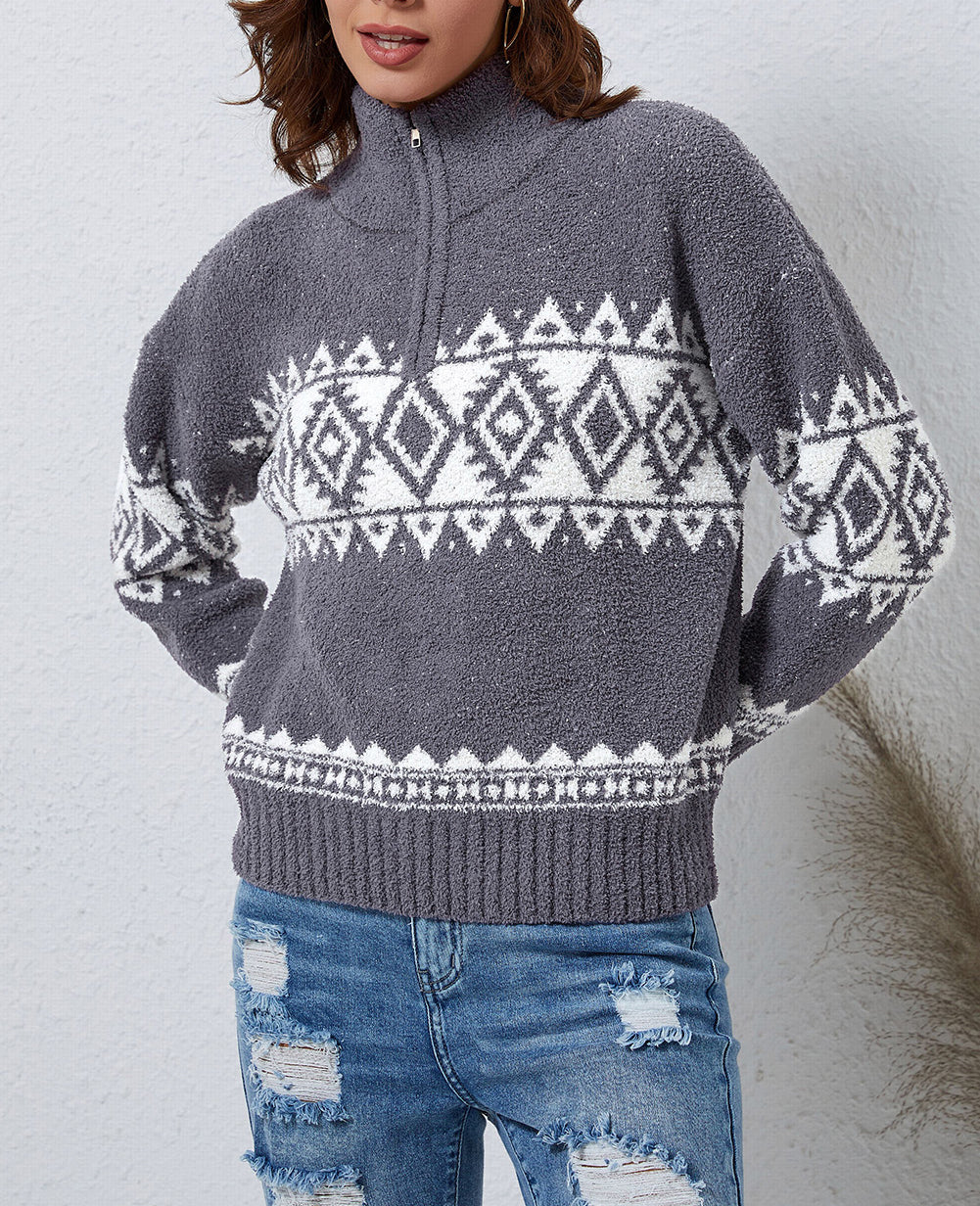 Western Geometric Printed Quarter Zip Pullover Sweater