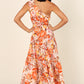 Orange Floral Print Pleated One Shoulder High Waist Maxi Dress
