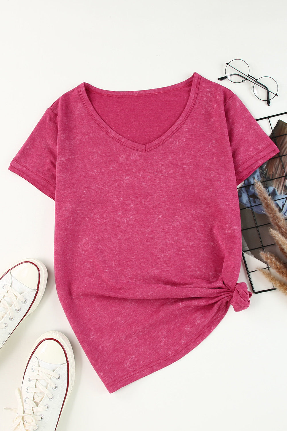 Rose Mineral Washed V Neck Short Sleeve T Shirt