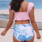 Pink Ribbed Ruched Ruffle Top Printed Bikini Set