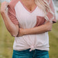 Pink Colorblock V Neck T Shirt with Pocket