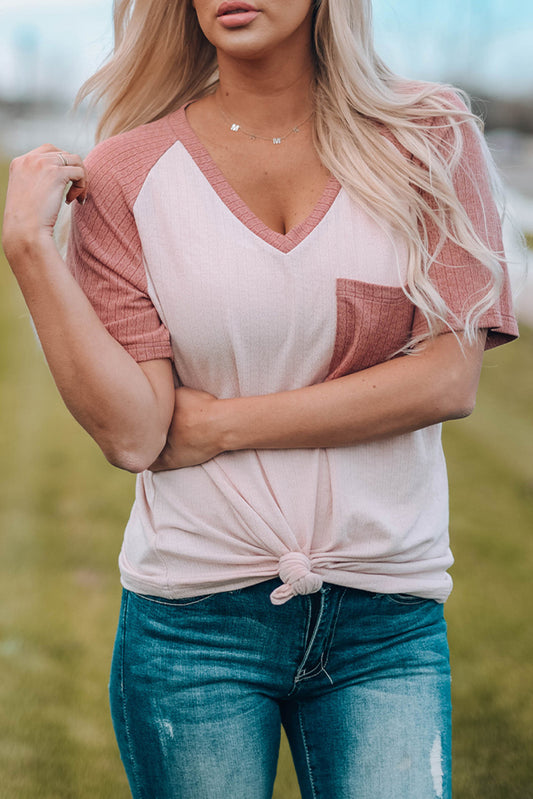 Pink Colorblock V Neck T Shirt with Pocket