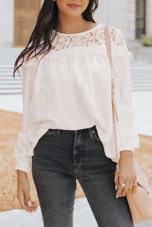 White Lace Detail Long Sleeve Top