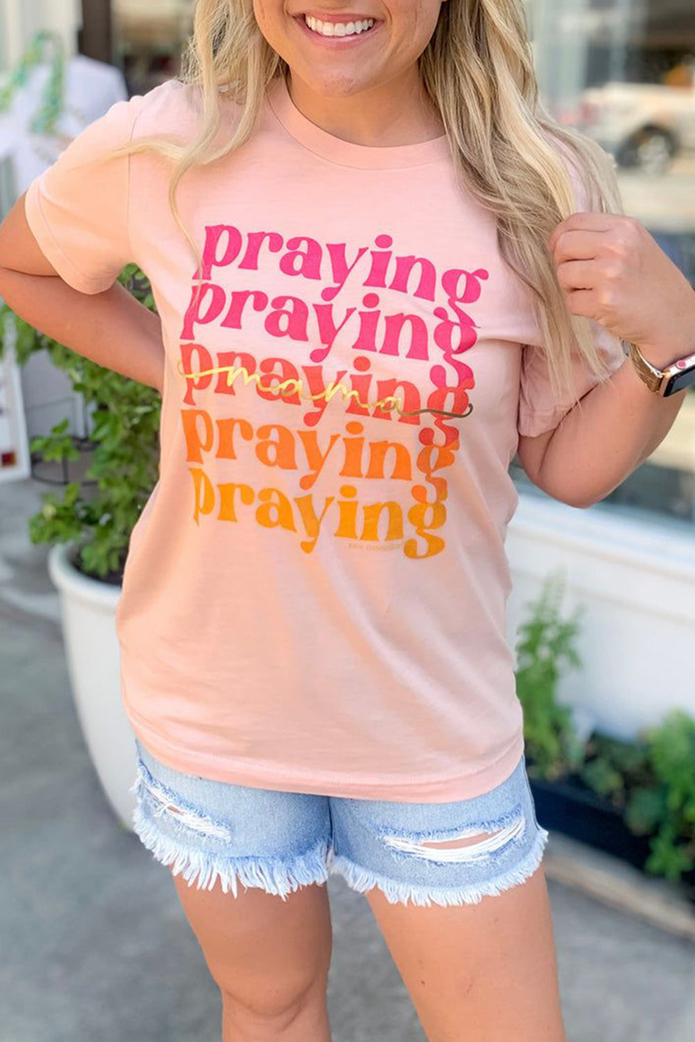 Pink mama Praying Letter Graphic Print T Shirt