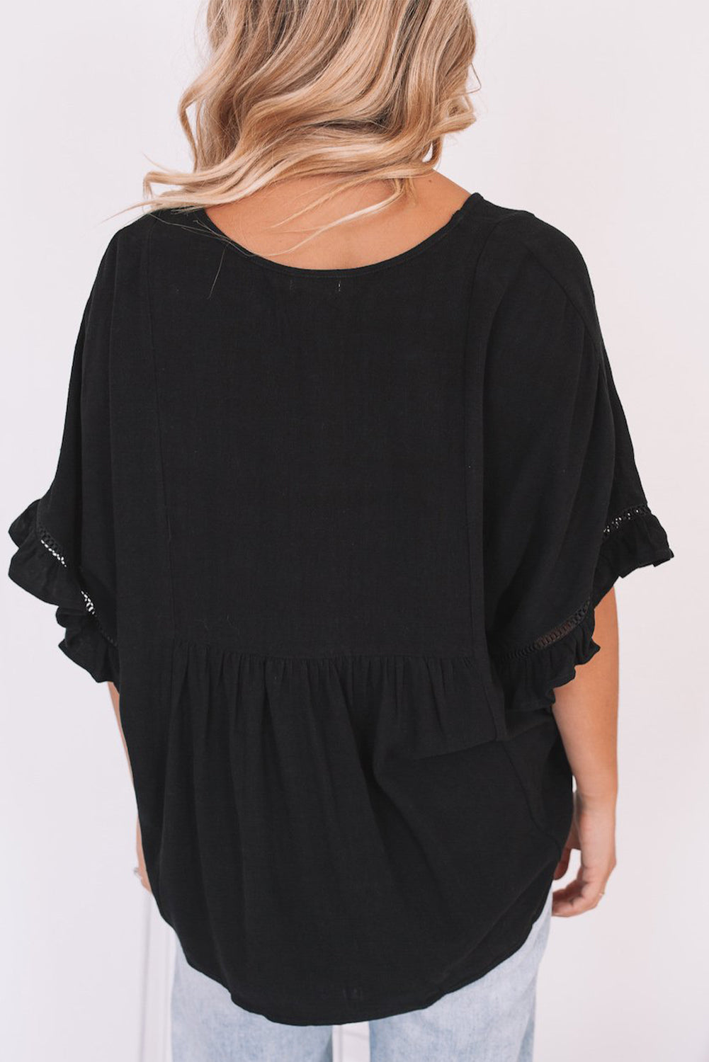 Black Ruffled Lace Detail Loose V Neck Top