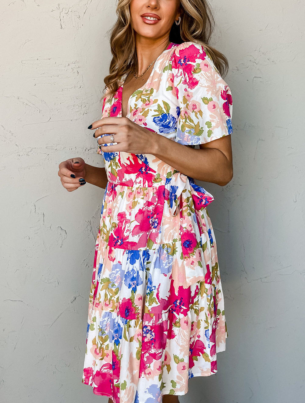 Multicolor Sweet Floral Wrap V Neck Skater Dress