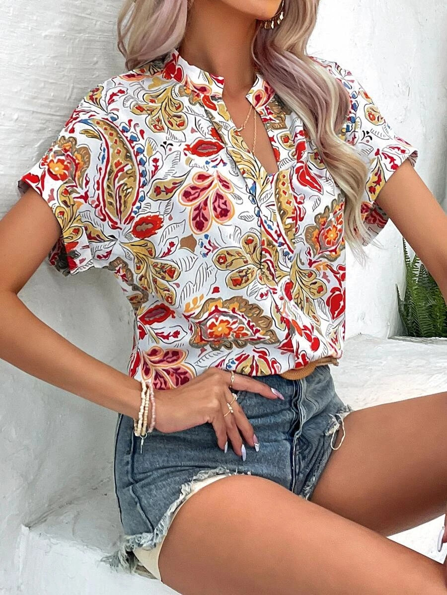 Summer fashion floral pattern V-neck short sleeve