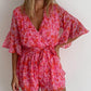 Pink V Neck Ruffled Sleeve Floral Romper