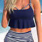Blue Cutout Ruffle Crop Top and Striped High Waist Bikini Set