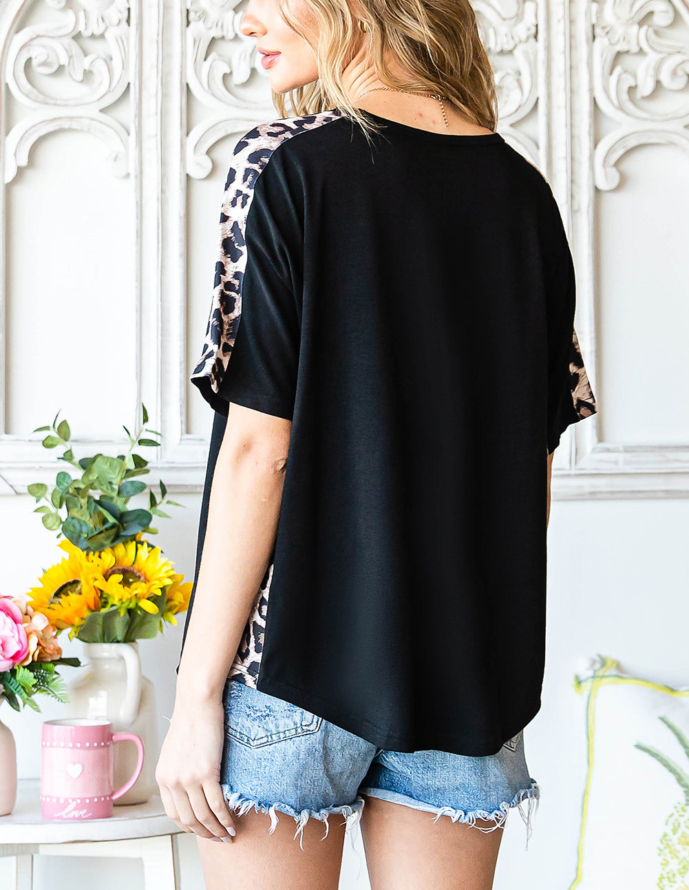 Black Leopard Splicing O-neck Short Sleeve T Shirt