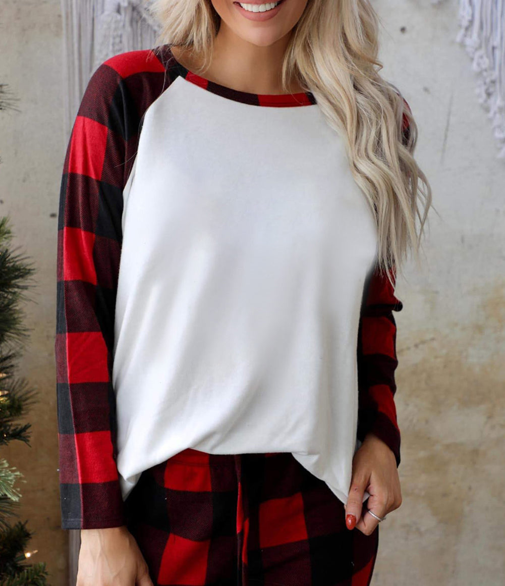 Red Plaid Raglan Sleeves Top and Drawstring Pants Lounge Set